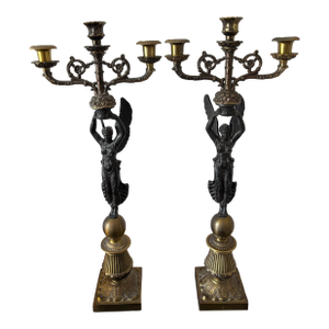 Mid 20th Century Pair of 24" Classical Revival Figural Candelabra W/ Gilt Accents