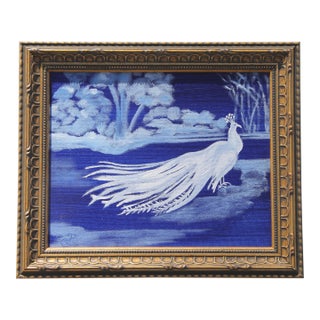Bird Peacock Landscape Traditional Impressionist Blue White Original Oil Painting by Cleo Plowden For Sale