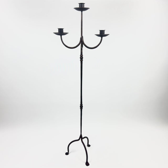 Metal Hand Forged Iron Floor Candelabra 49″ (124cm) Antique Copper Patina 3-Arm Compact Scroll Candle Holder Decor For Sale - Image 7 of 8
