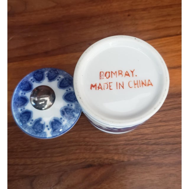 1990s Vintage Bombay Chinoiserie Blue White Porcelain Trinket Jar For Sale - Image 5 of 7