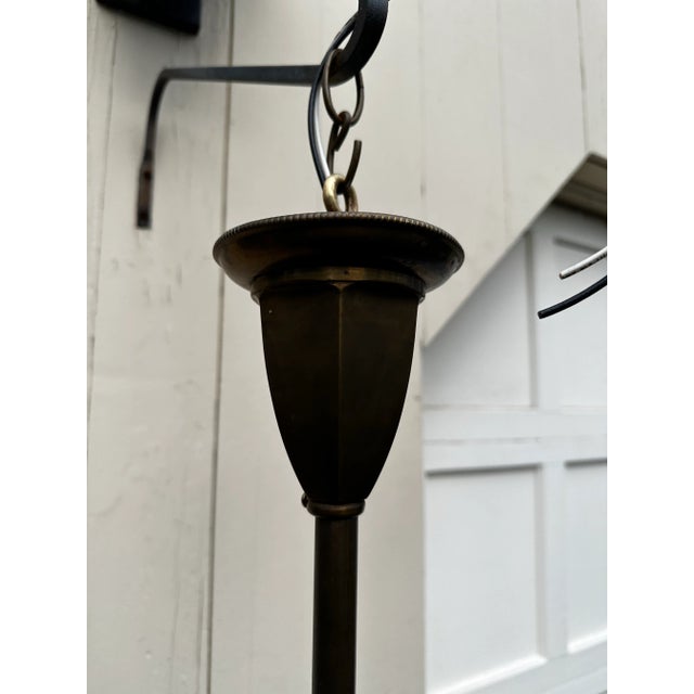 American Vintage Three Arm Brass Fixture With Three Etched L Glass Shades For Sale - Image 3 of 9