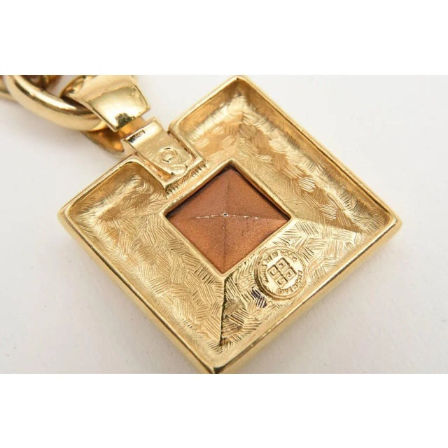 1980s Vintage Givenchy Brass Chain and Link Necklace With Turquoise Glass Pendant Medallion For Sale - Image 5 of 8
