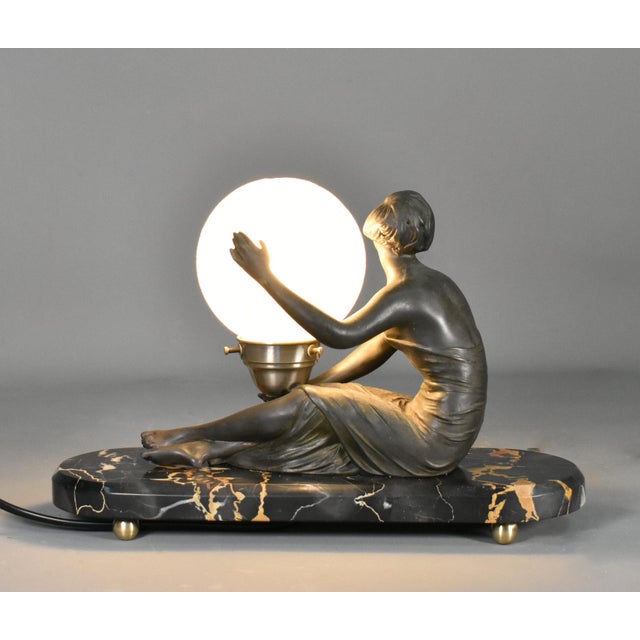 French Art Deco Lamp with Lady and Glass Globe Shade, 1920s For Sale - Image 14 of 16
