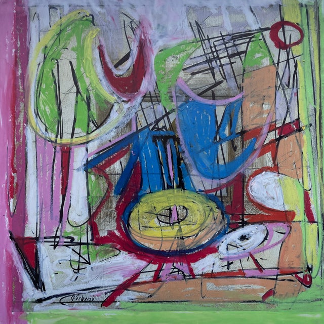 Beautiful appx 15”x15” framed abstract original oil pastel on paper cubist painting. Vintage silver frame and mat...