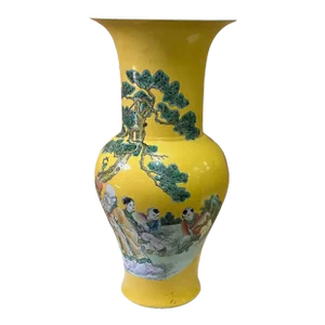 Vintage Chinese Yellow Base People Scenery Wide Mouth Porcelain Vase