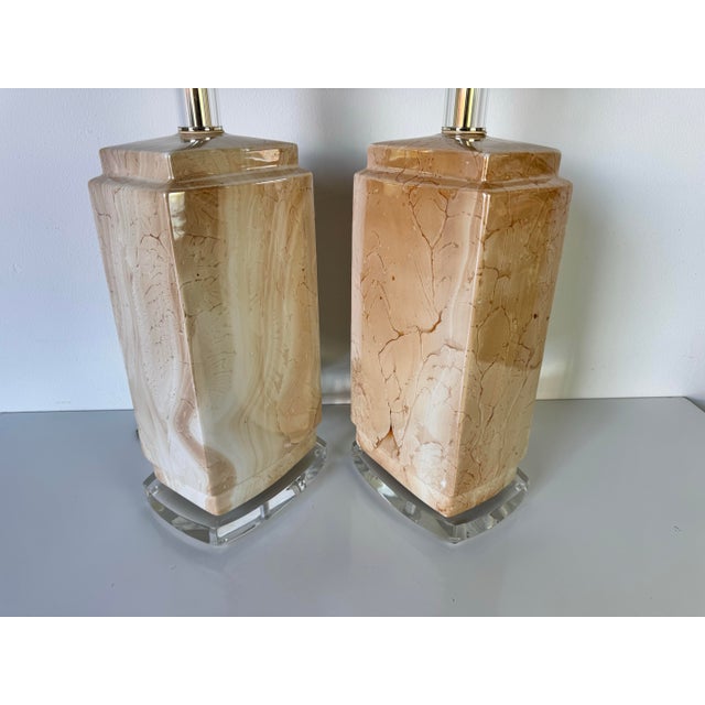 1980's Vintage Bauer Faux Marble Finish Ceramic Table Lamps - a Pair For Sale In Miami - Image 6 of 12