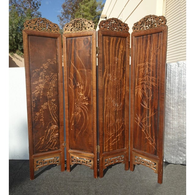 Vintage Oriental Asian Brown Hand Carved Wood Four Panel Screen ~ Room Divider For Sale - Image 11 of 17