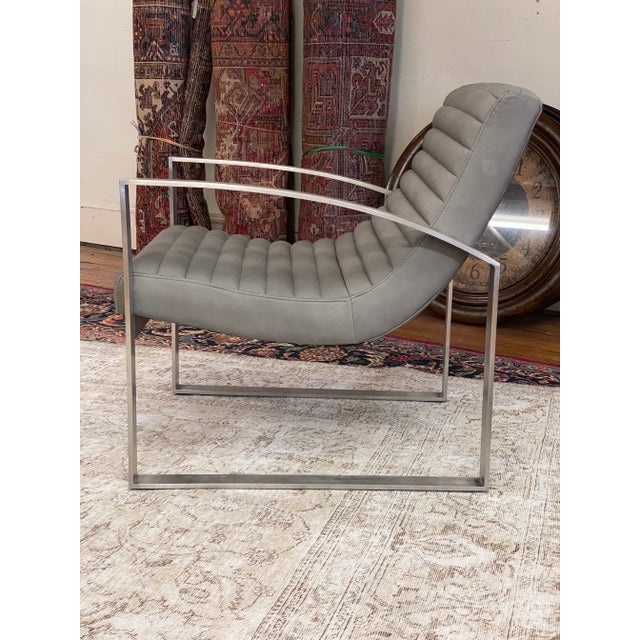 Modern Leather Lounge Chair W/Channel Stitching For Sale - Image 9 of 13