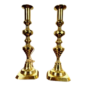 Pair Victorian Brass Inverted Beehive & Diamond Candlesticks