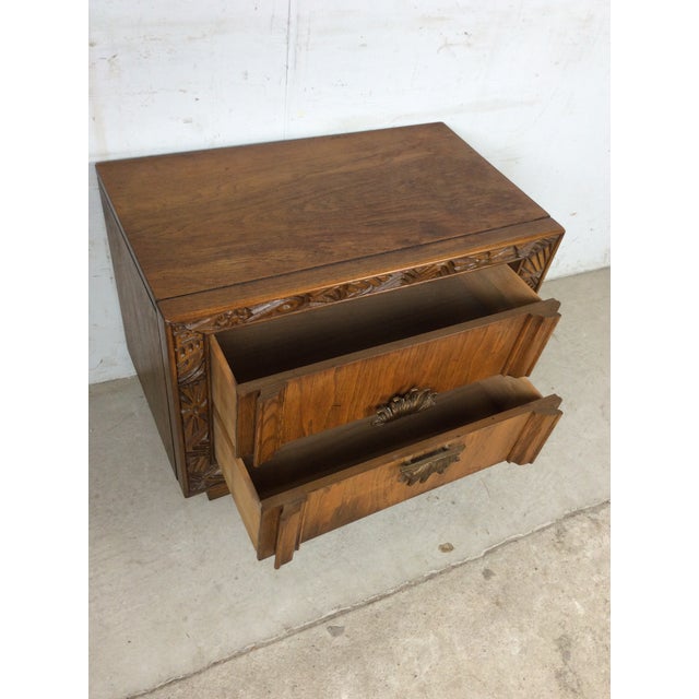 Mid Century Modern Two Drawer Nightstand With Unique Brass Hardware For Sale - Image 14 of 16