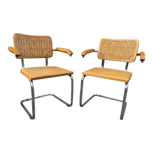 Late 20th Century Pair of Mid Century Modern CesCa Style Chrome. Cane Back and Seat Bar Stools