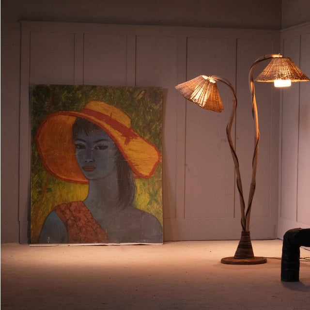 Thalia Double Rattan Floor Lamp With 2 Adjustable Woven Floral Conical Shades For Sale - Image 11 of 14
