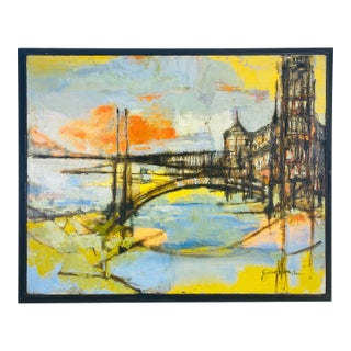 Mid Century Vintage Abstract Impressionist Cityscape Oil on Canvas. Signed Galand For Sale