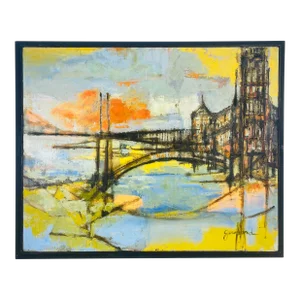 Mid Century Vintage Abstract Impressionist Cityscape Oil on Canvas. Signed Galand