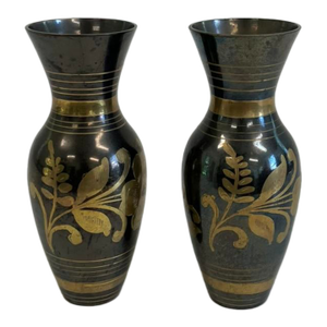 Pair of Vintage Brass Vases – Black & Gold Floral Etched Metalware