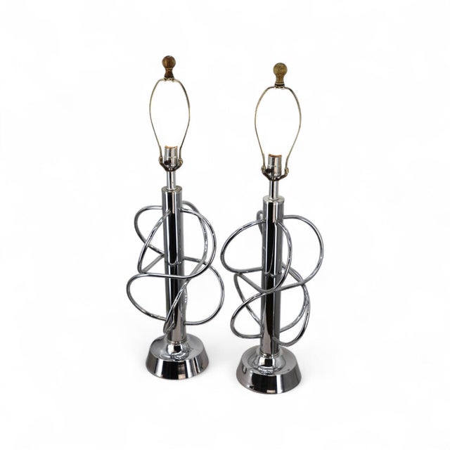 Vintage Mid-Century Modern Intersecting Atomic Chrome Table Lamps - a Pair For Sale - Image 4 of 4