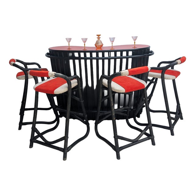 Vintage French Tropical Bamboo Cocktail Bar with Chairs, 1960s, Set of 5 For Sale