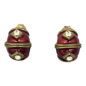 Vintage 1980s Signed Yosca Goldtone Red Enamel & Clear Rhinestone Half Hoop Clip Earrings - 2 Pieces