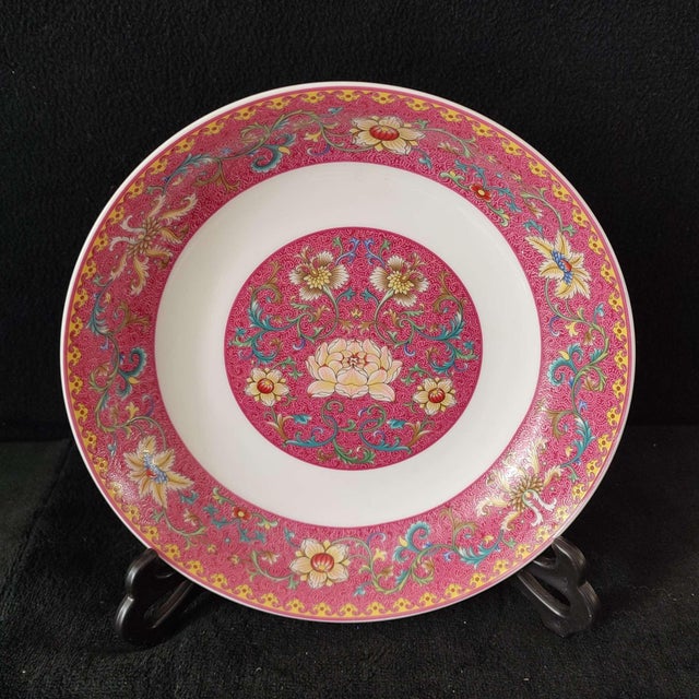 Art Deco Chinese Ceramic Plate,Qianlong Marked Famille Rose Porcelain Plate Hand Painted Floral Patterns Pattern For Sale - Image 3 of 10