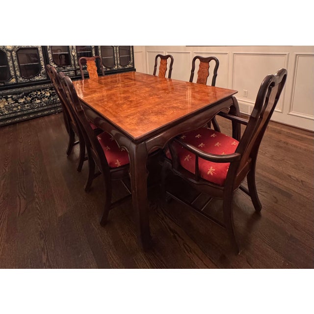 Wood Vintage Asian-Inspired Burl Wood Dining Table & 6 Chairs Set For Sale - Image 7 of 8
