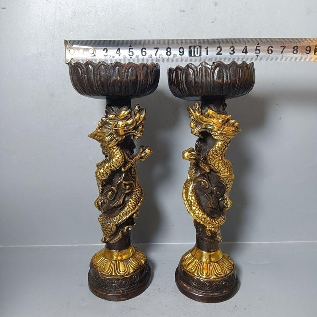 Pair of Gilt Bronze Dragon Candlesticks, Lotus Top Candle Holders, Chinoiserie Altar Decor For Sale In Los Angeles - Image 6 of 9