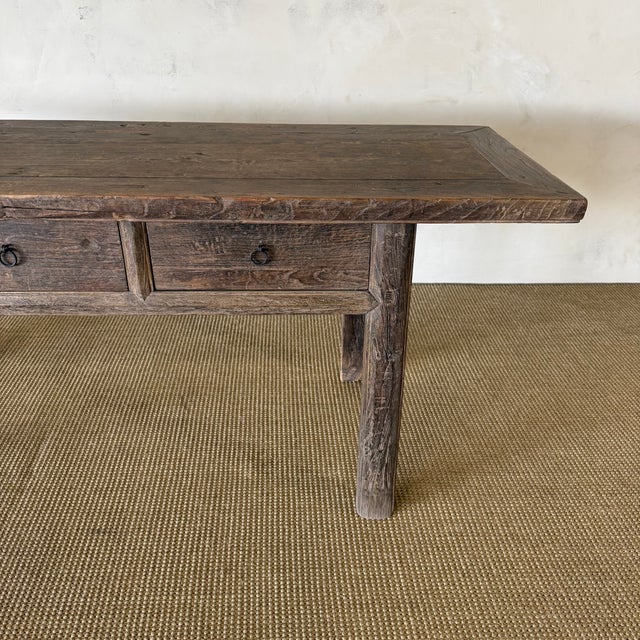 Brown Antique Elm Wood Console With Painted Finish 3 Drawers 82" For Sale - Image 8 of 11
