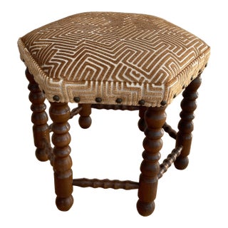 Vintage Hexagonal Bobbin Leg Footstool in Schumacher Lisboa Velvet For Sale