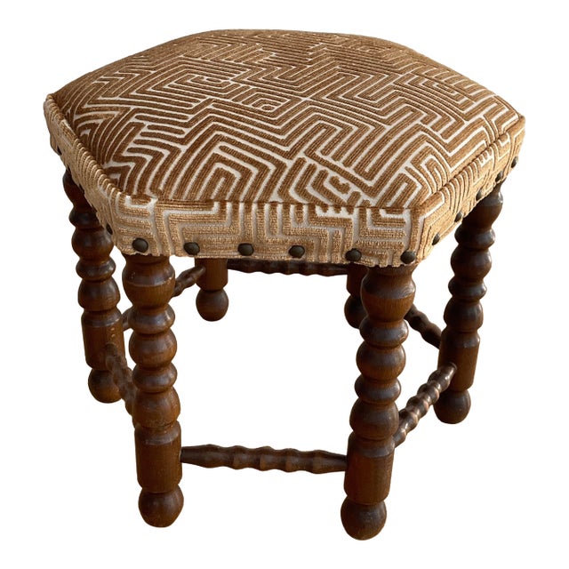 Vintage Hexagonal Bobbin Leg Footstool in Schumacher Lisboa Velvet For Sale