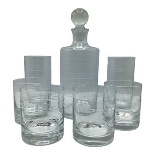 Ring Etched Decanter 4 Lowball Glasses and 2 Highball Glasses-Set of 7 For Sale