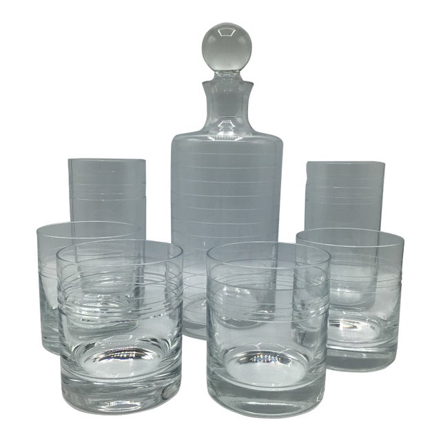 Ring Etched Decanter 4 Lowball Glasses and 2 Highball Glasses-Set of 7 For Sale