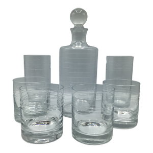 Ring Etched Decanter 4 Lowball Glasses and 2 Highball Glasses-Set of 7