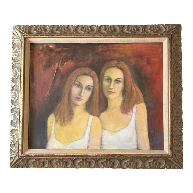 1970’s Double Female Portrait Painting “Two Friends” Chunky Gold Carved Wood Frame For Sale