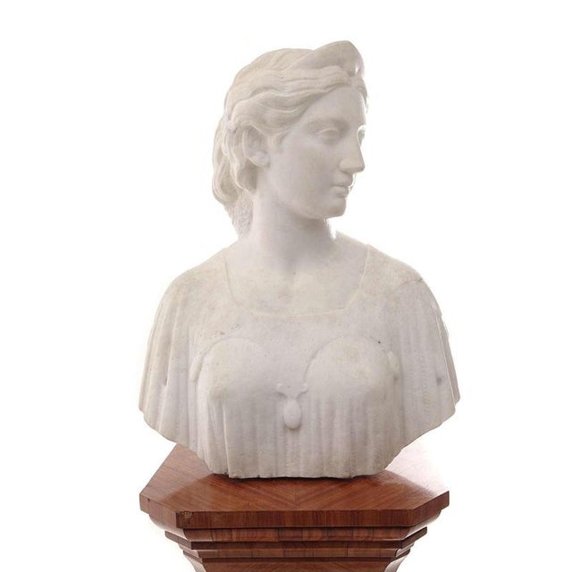 Gold White Carrara Marble Bust of a Woman attributed to Hiram Powers, 1860s For Sale - Image 8 of 8