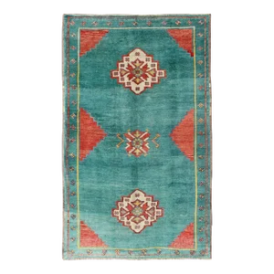 Teal-Colored Oushak Hand Knotted Vintage Turkish Rug With Three Medallions, Red Cornices