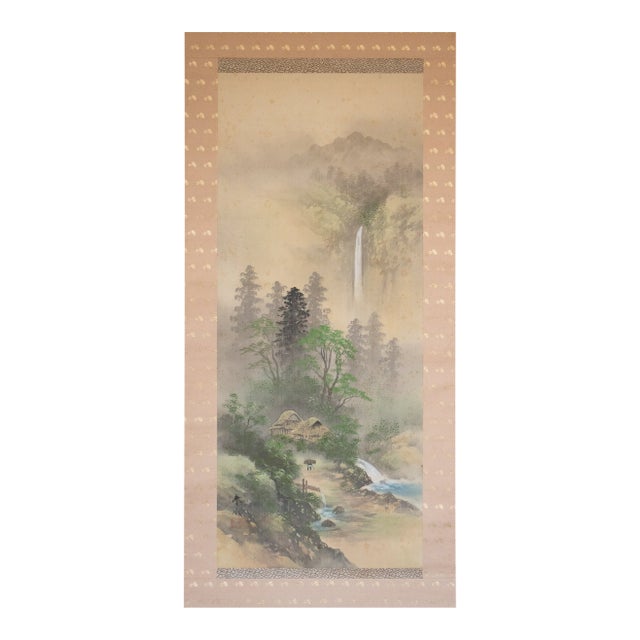 "Landscape With Waterfall", Showa Japanese Silk Scroll Painting For Sale