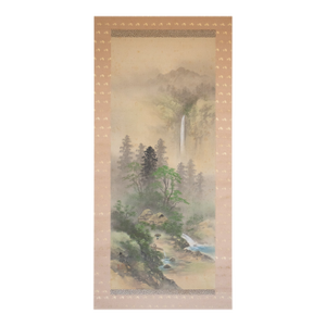 "Landscape With Waterfall", Showa Japanese Silk Scroll Painting