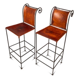 Set of Two (2) Counter Height Wrought Iron Spanish Hacienda Barstools With Hand-Worked Full Grain Leather, C. 1960s For Sale