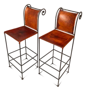 Set of Two (2) Counter Height Wrought Iron Spanish Hacienda Barstools With Hand-Worked Full Grain Leather, C. 1960s