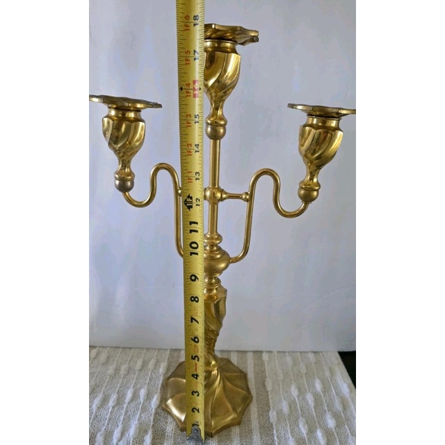 Rustic European Two Vintage 3 Light Brass Metal churchAltar Candelabra Candlesticks 18" Decor For Sale - Image 3 of 12