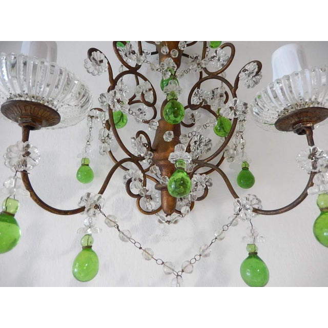 1920 French Green Murano Drops Beaded Swags Giltwood Sconces For Sale - Image 9 of 13