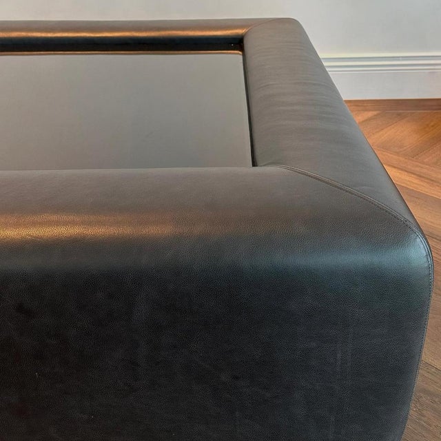 Modern Upholstered Leather Coffee Table with Black Glass Top, 2014 For Sale - Image 9 of 11