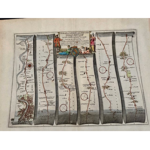 Paper Set of 5 John Ogilby 1675 Hand Colored Road Maps Britannia England For Sale - Image 7 of 18