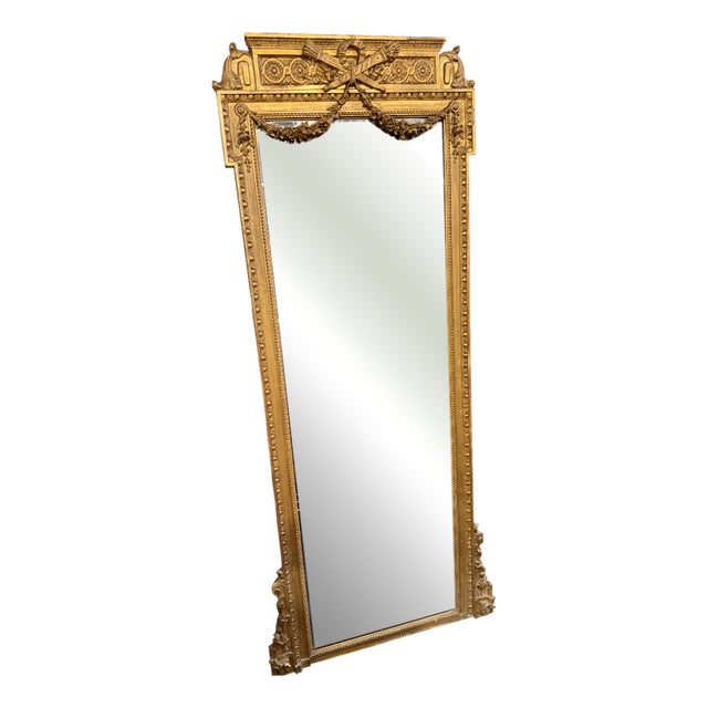 Louis XVI Style Mirror with Beveled Glass and Floral Decoration For Sale