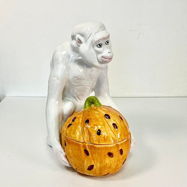 Chelsea House Inc 1950s Vintage Majolica Chinoiserie Hollywood Regency Figural Monkey With Pumpkin After Chelsea House, Halloween & Thanksgiving For Sale - Image 4 of 18