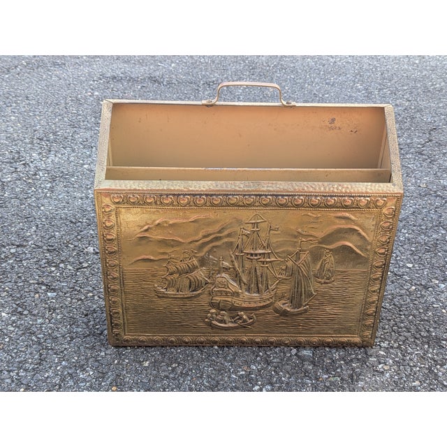 Vintage English Colonial Embossed Brass "Sailboat nautical scene" Magazine Rack Holder. Circa Early 20th Century.