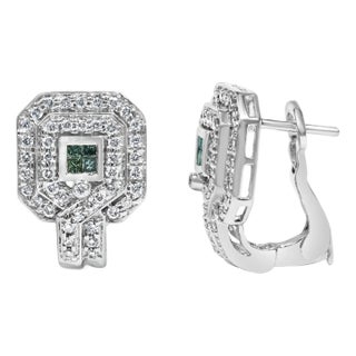 14K White Gold 1.0 Cttw Treated Blue and White Diamond Octagonal Shield Omega Back Earrings (H-I Color, SI1-SI2 Clarity) For Sale