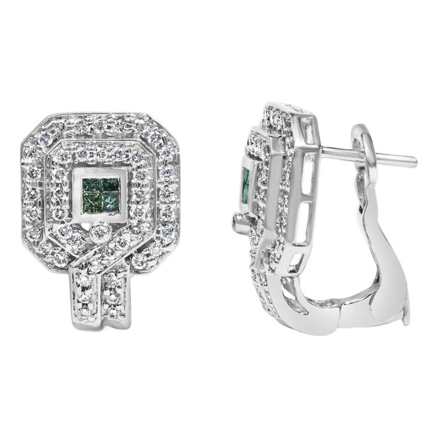 14K White Gold 1.0 Cttw Treated Blue and White Diamond Octagonal Shield Omega Back Earrings (H-I Color, SI1-SI2 Clarity) For Sale