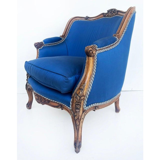 Blue 1920s Carved Walnut French Bergeres Armchairs Upholstered in Silk, a Pair For Sale - Image 8 of 15