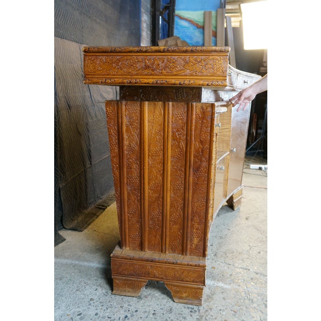 Mid-Century Curved Oak Dry Bar Cabinet With Carved Grapevines Wine Liquor 68" For Sale - Image 4 of 18