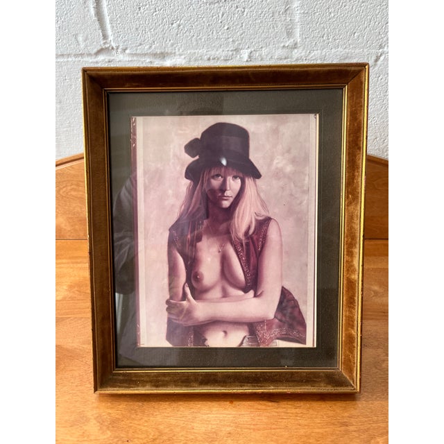 A captivating 1970s bohemian glamour portrait photograph, presented in a richly detailed gilt frame with a velvet-lined...